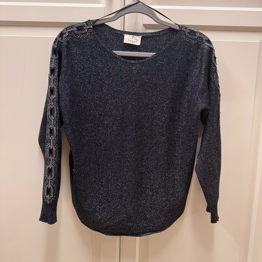 Black Sparkly Sweater Metallic, Rhinestone Open Work Chain Sleeves New NWT Small